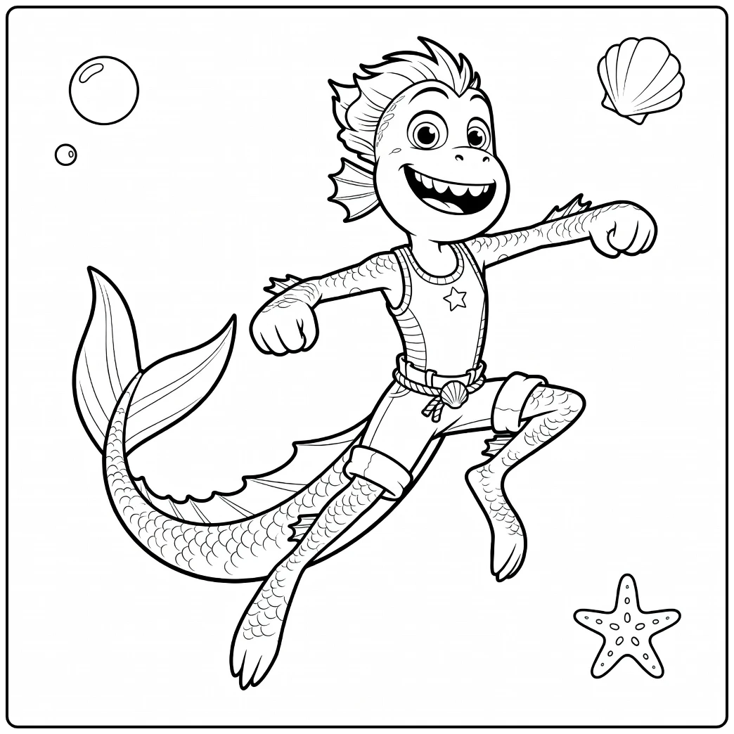 coloring page luca in action swimming with tail and shells