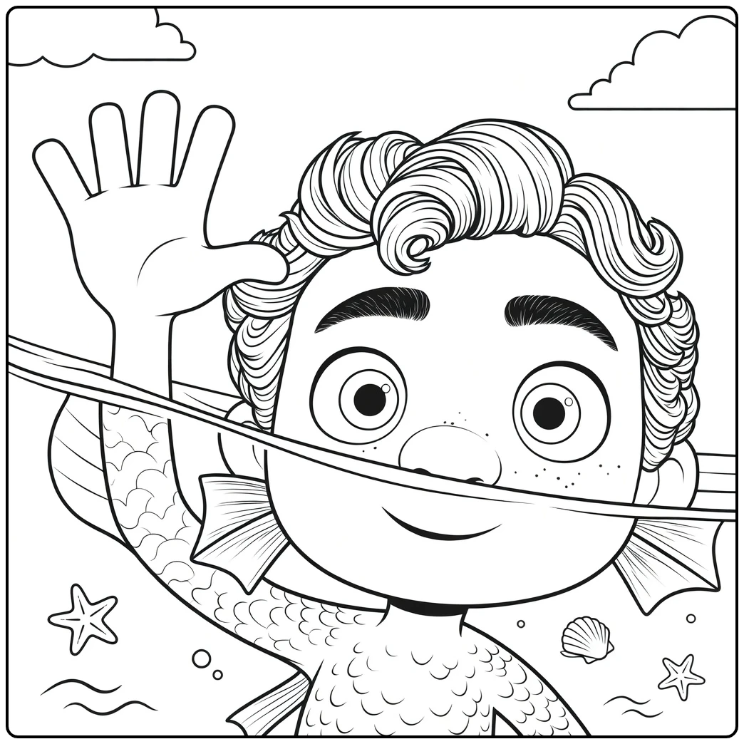 coloring page luca boy zwaait underwater with schubben