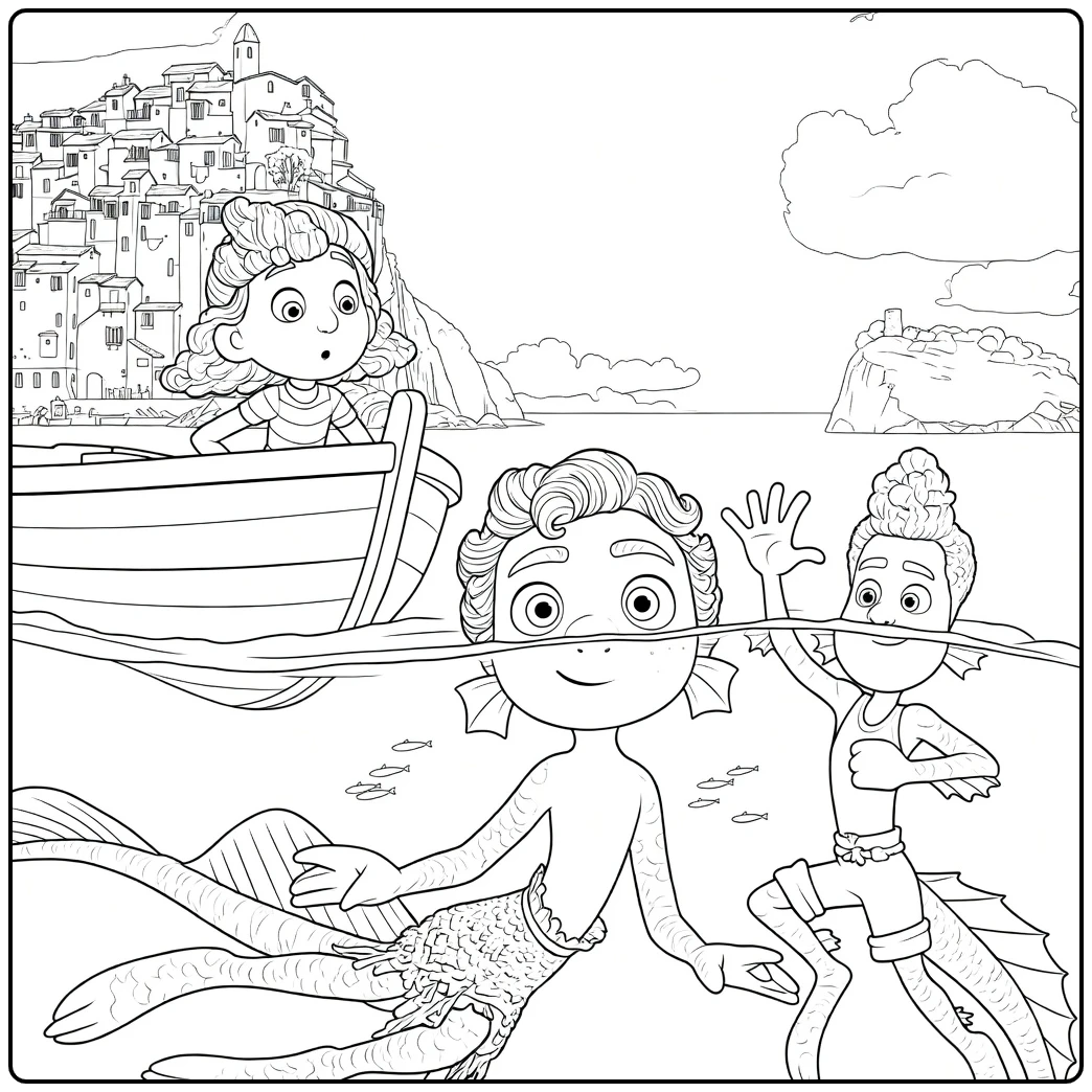 coloring page luca luca alberto als zeemonsters with boot
