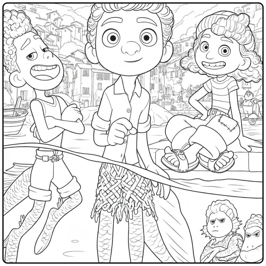coloring page luca with alberto and giulia on italiaanse haven