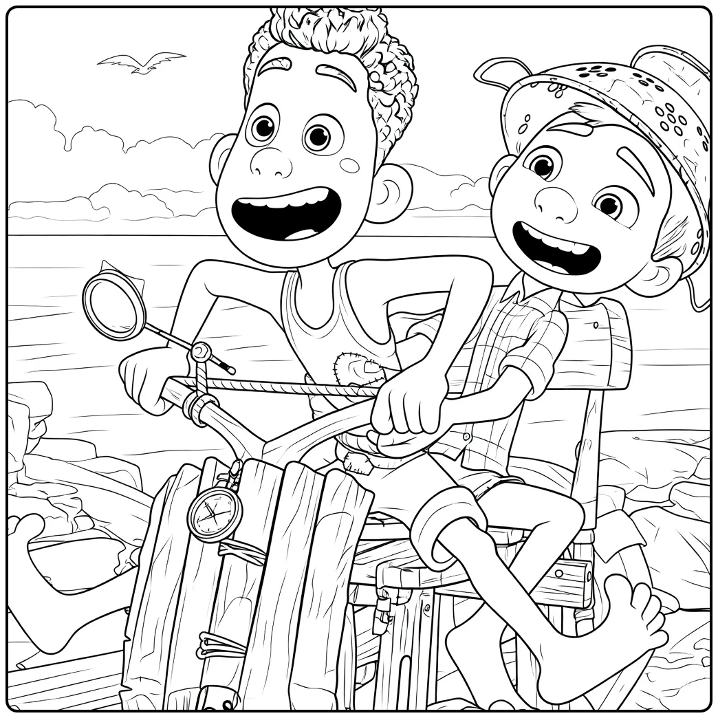 coloring page luca with smiling luca and alberto on strandfiets