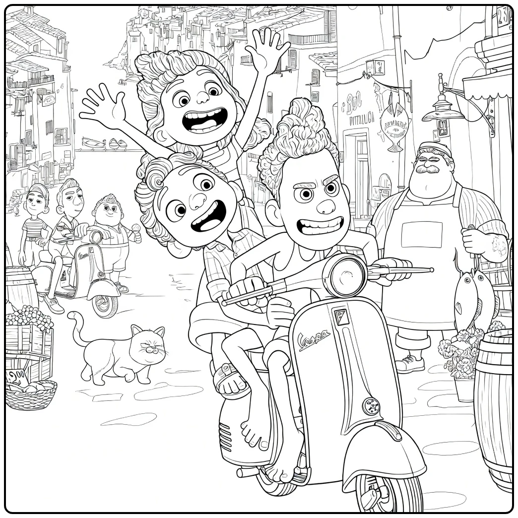 coloring page luca with scooteravontuur door italiaans dorp