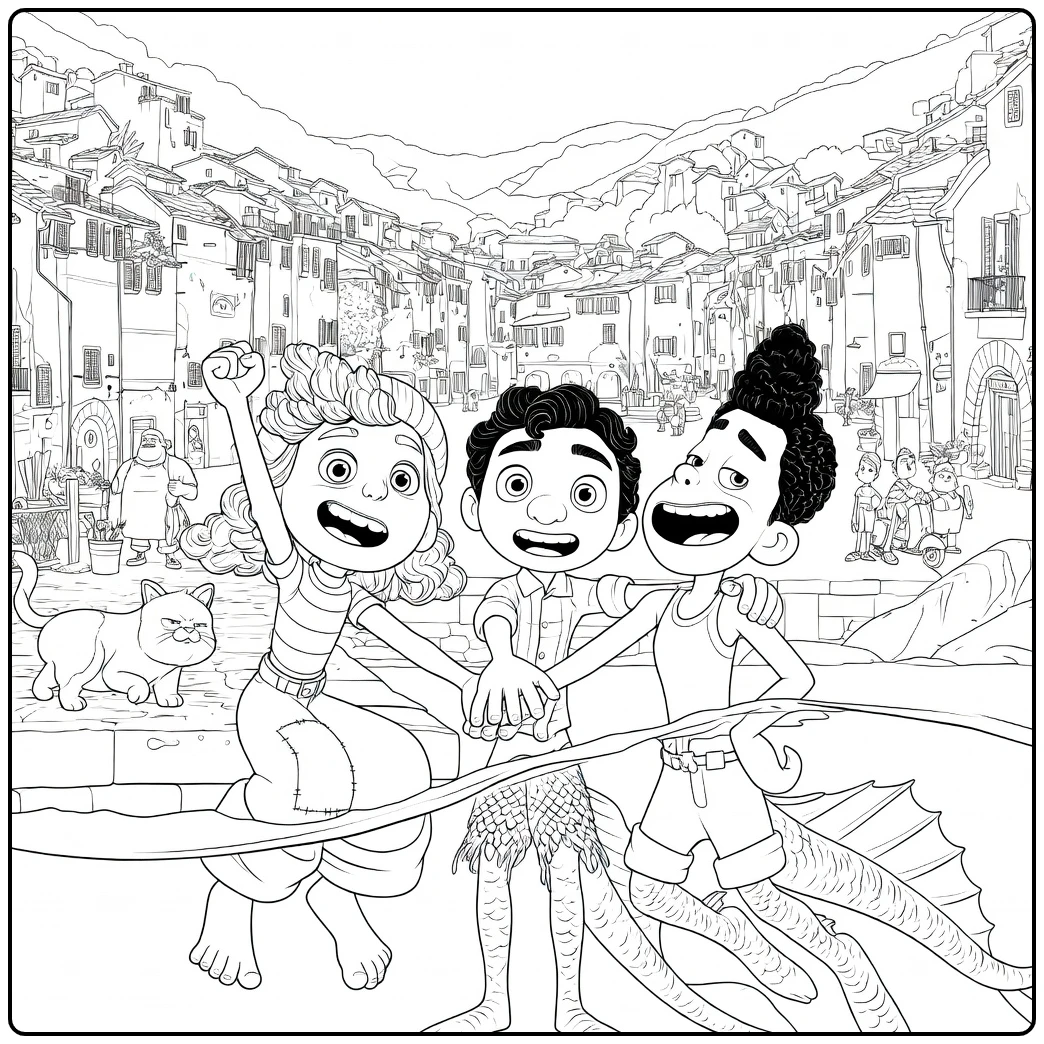 coloring page luca with friends in portorosso dorp