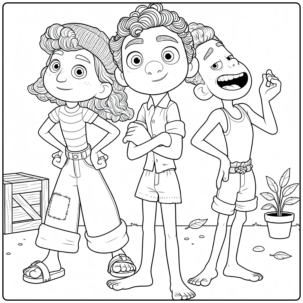 Luca coloring page with Alberto and Giulia posing happily