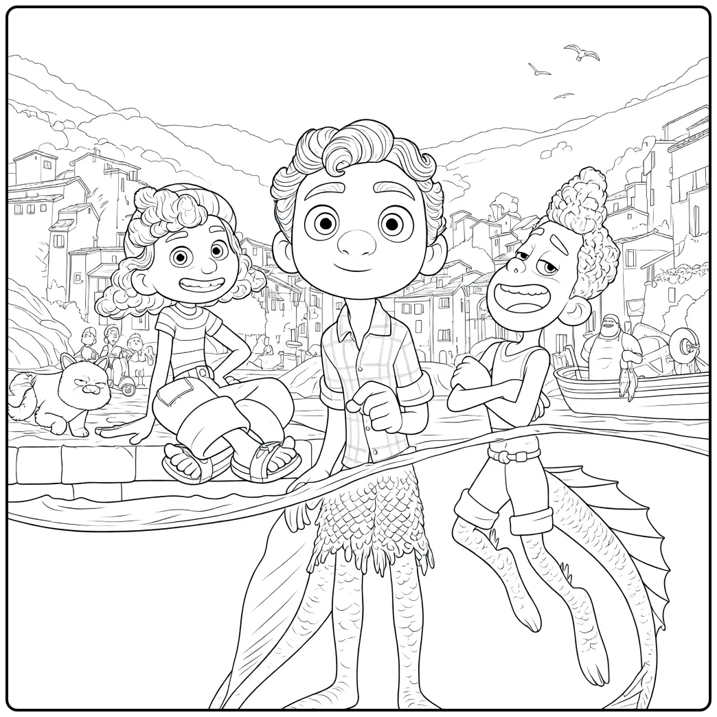 coloring page luca friends vissen on pier portorosso