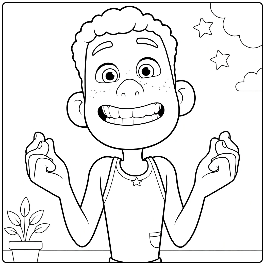 coloring page luca cheerful flexend with clouds and plant