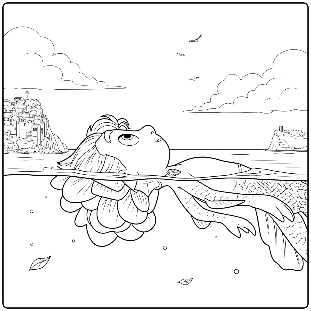 coloring page luca zeemeermin kijkt naar kustdorp on klif