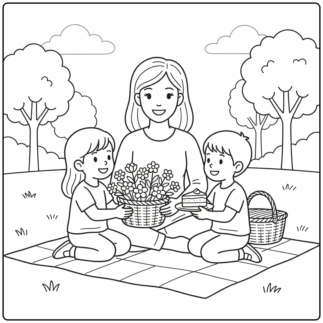 Mother's Day Happy Mama and Kids with Cake coloring page