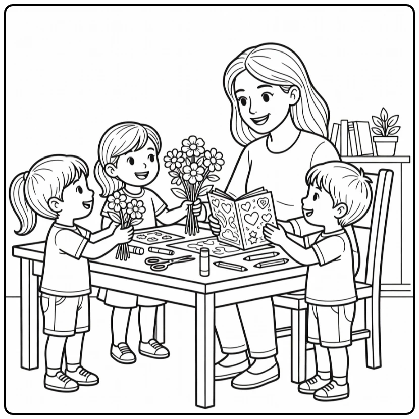 Mother's Day coloring page with a happy mom, children, and crafts