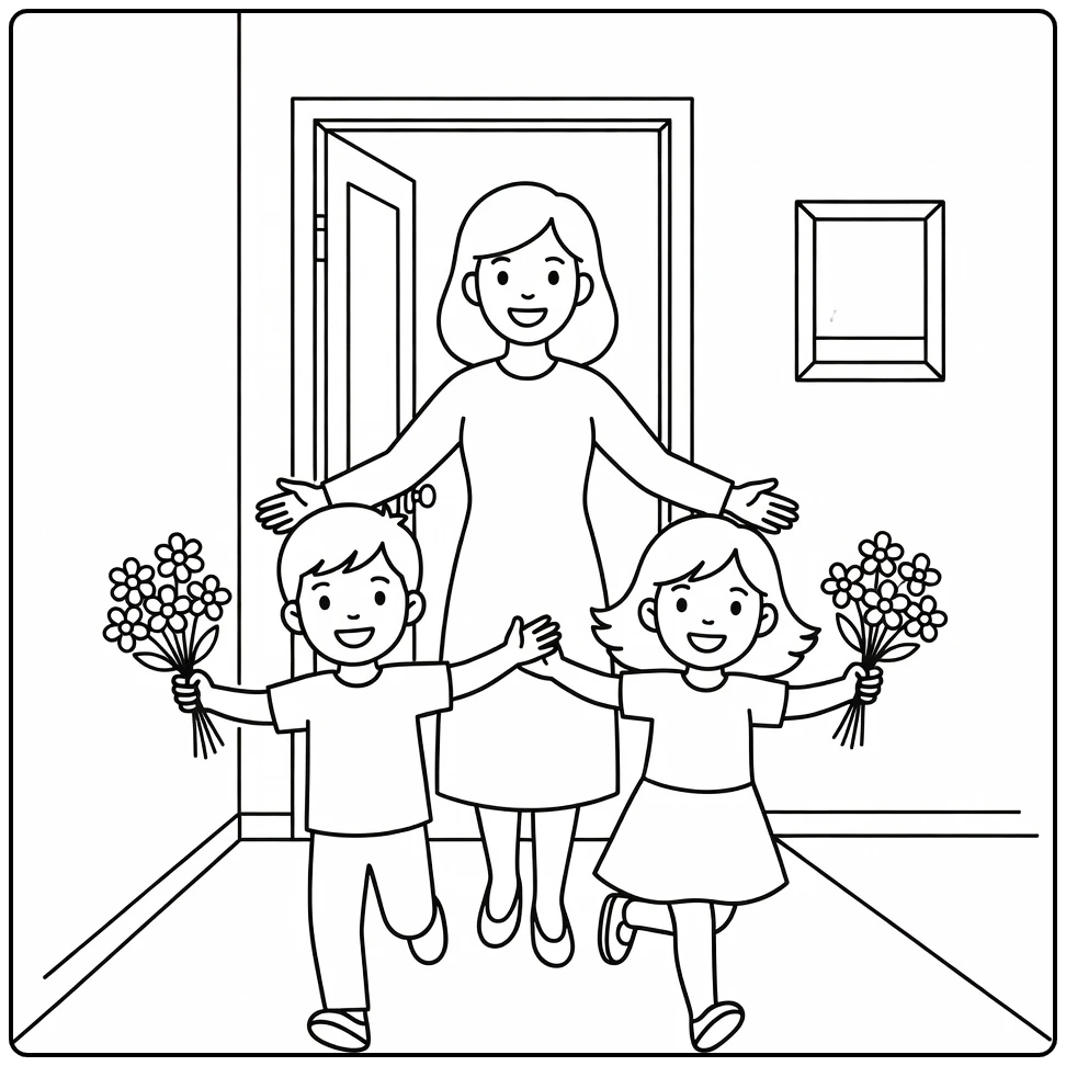 Mother's Day Smiling Mama Hugged by Kids coloring page