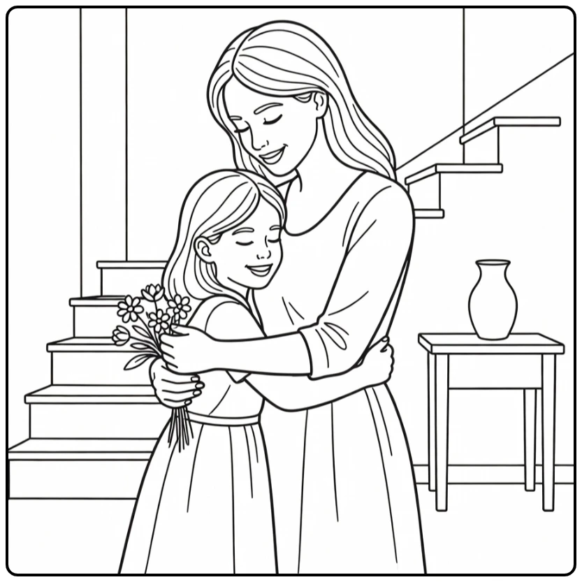 Mother's Day Hug Mother Daughter Bouquet Behind Back coloring page