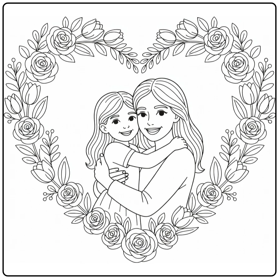 Mother's Day Hugging Mother and Child in Heart Wreath coloring page