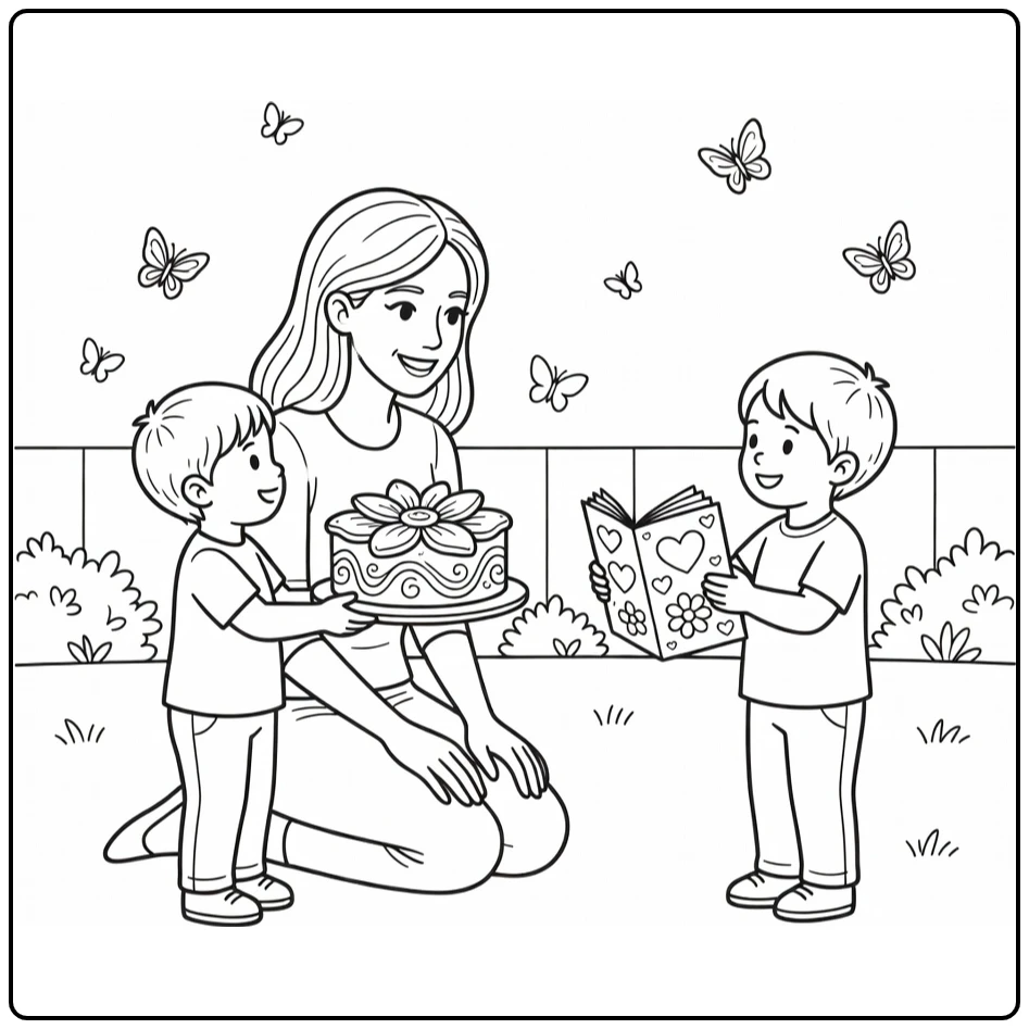 Mother's Day Smiling Mama with Map and Cake coloring page