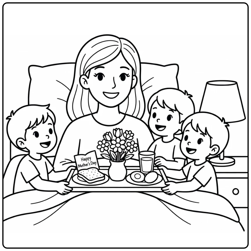 Mother's Day Mama Surprised with Flowers and Breakfast coloring page