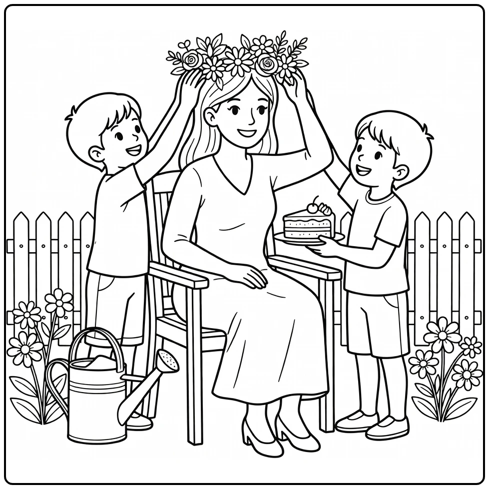 Mother's Day with Happy Mother and Children in the Garden coloring page