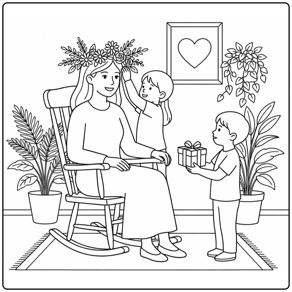 Mother's Day with Happy Mother in Rocking Chair coloring page
