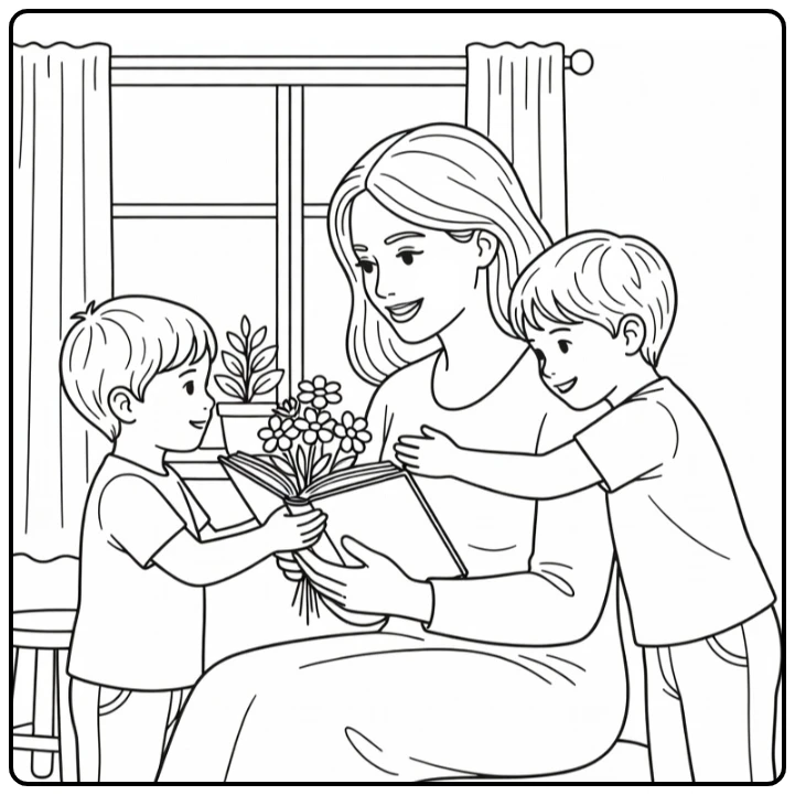 Mother's Day with Hugging Children and Flowers coloring page