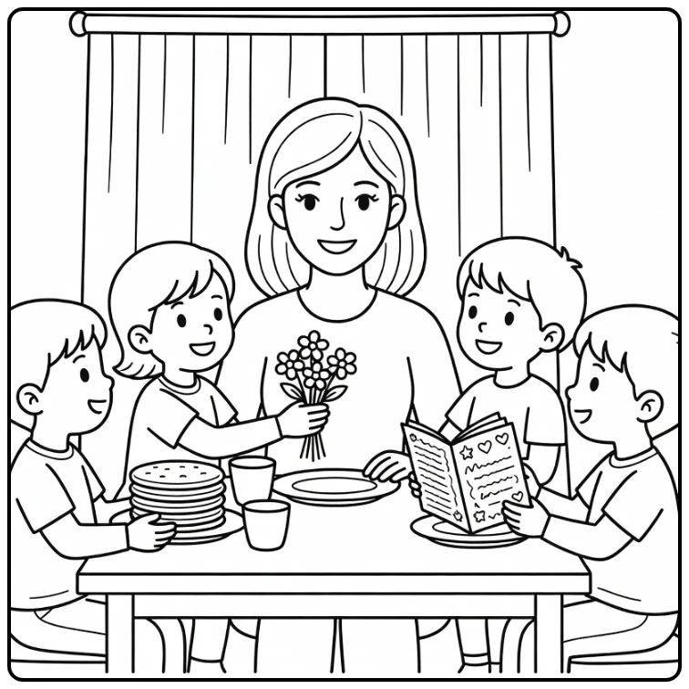 Mother's Day Mother at Breakfast Table Surprised by Children coloring page