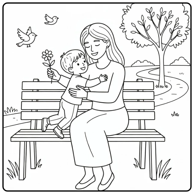 Mother's Day Mother Child in Park with Flower and Birds coloring page
