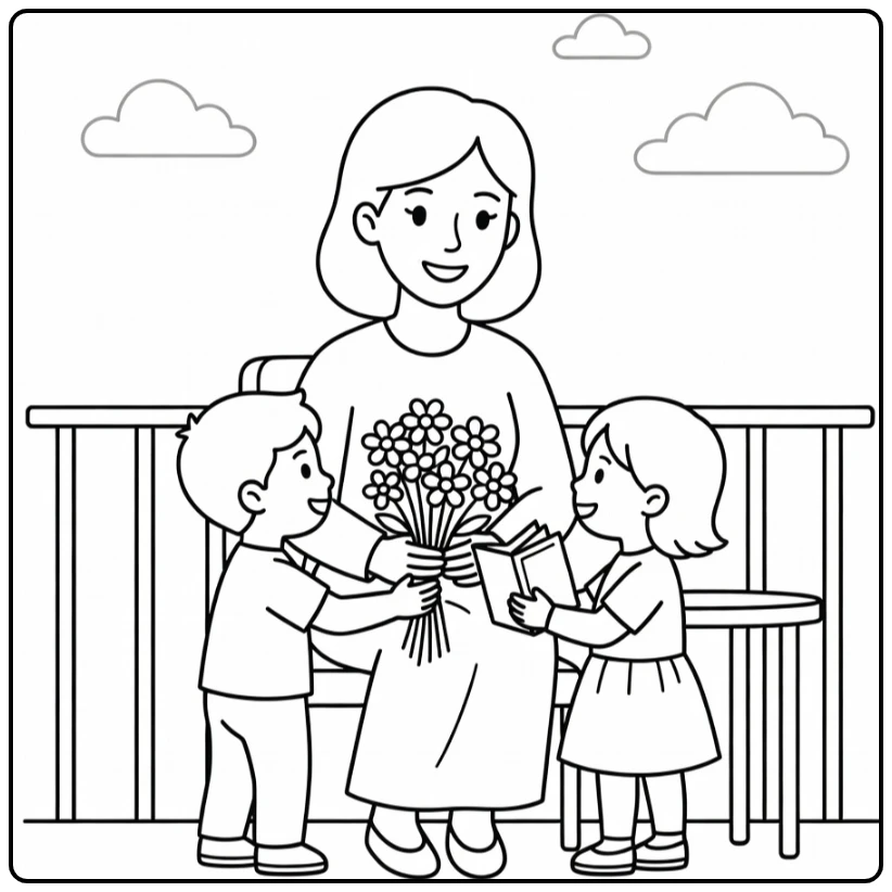 Mother's Day Mother Enjoying Children and Flowers coloring page