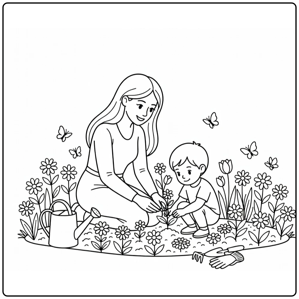 Mother's Day Mother Child in Garden with Butterflies coloring page