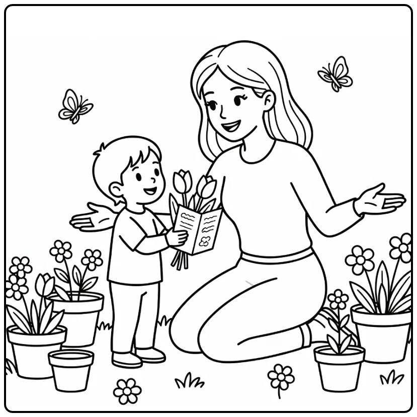 Mother's Day Mother Kneeling in Garden with Child coloring page