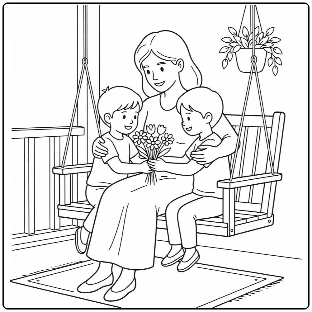 Mother's Day Mother on Swing with Loving Children coloring page