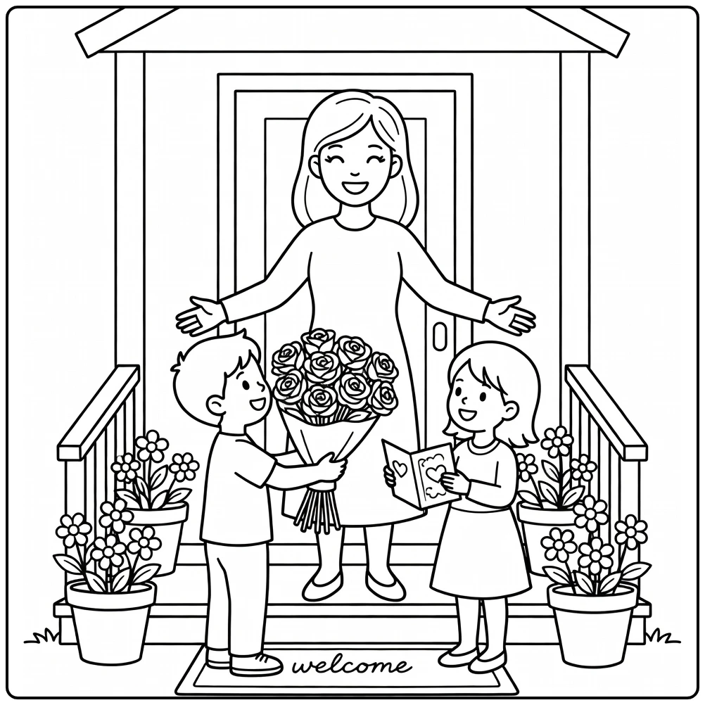 Mother's Day Mother on Veranda with Children coloring page
