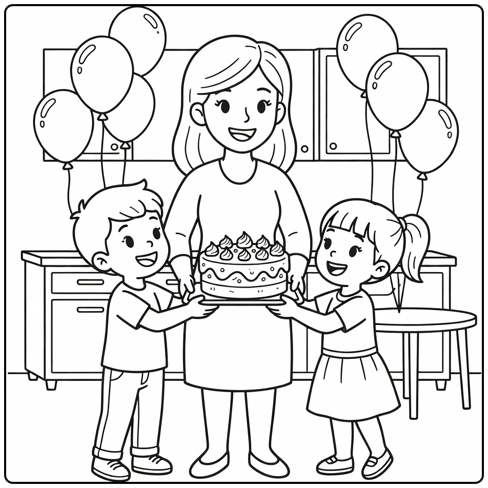 Mother's Day Mother Surprised by Kids with Decorated Cake coloring page