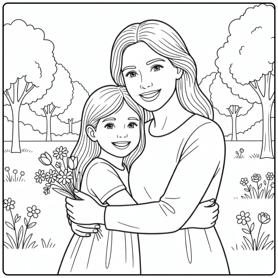 Mother's Day Hug Mother and Smiling Child Park coloring page