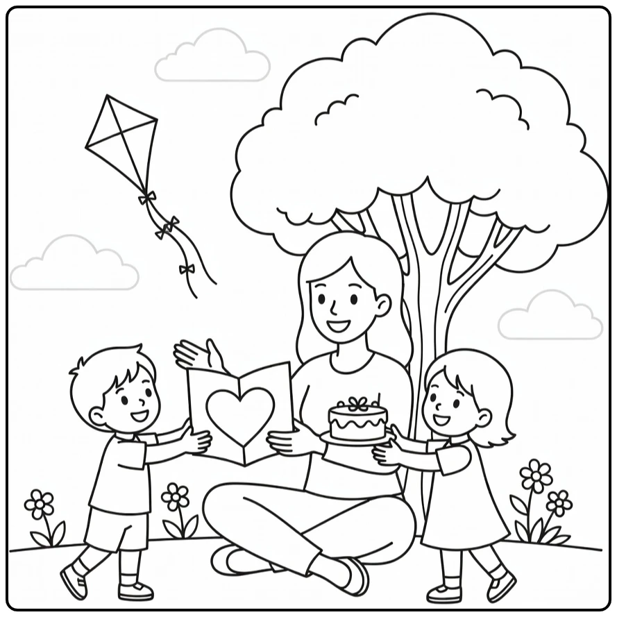 Mother's Day Cheerful Mother Children Under Tree coloring page