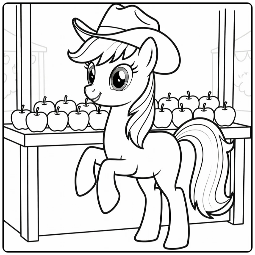 My Little Pony Applejack coloring page at an apple harvest stand