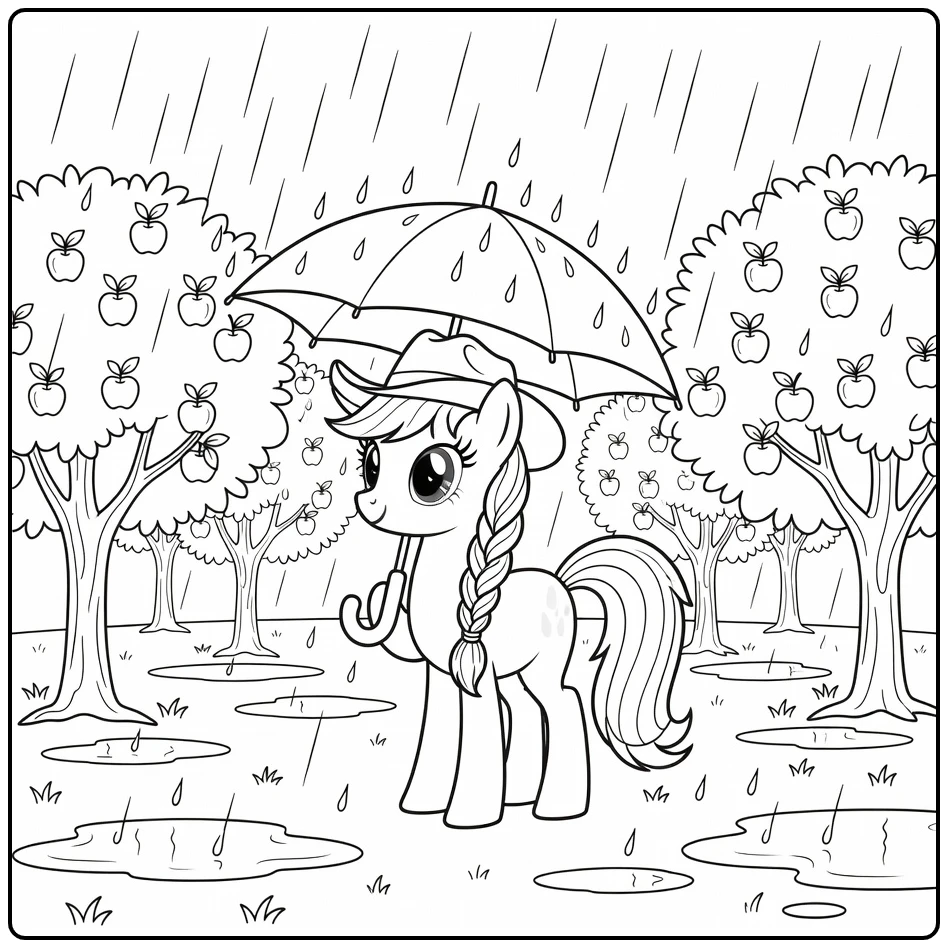 My Little Pony Applejack Under Rain with Umbrella coloring page