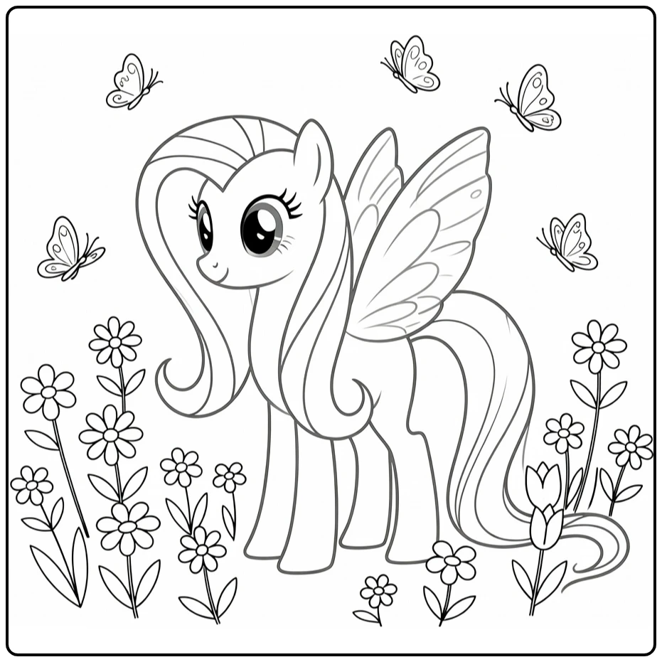 My Little Pony Fluttershy with Flowers and Butterflies coloring page