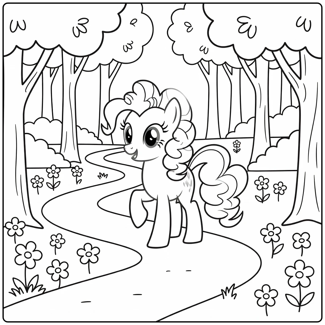 My Little Pony Pinkie Pie in Magical Forest with Flowers coloring page
