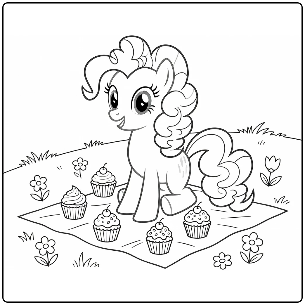 My Little Pony Pinkie Pie with Cupcakes and Flowers coloring page