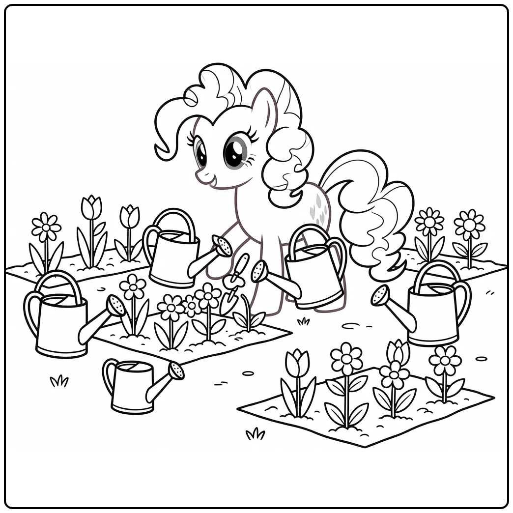 My Little Pony Pinkie Pie with Watering Can and Flower Bed coloring page
