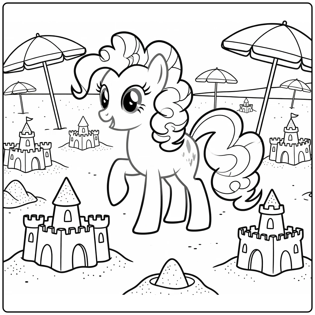 My Little Pony Pinkie Pie coloring page at a sandcastle beach party
