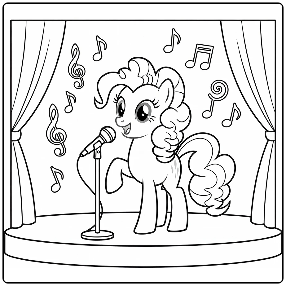 My Little Pony Pinkie Pie Singing on Stage with Notes coloring page