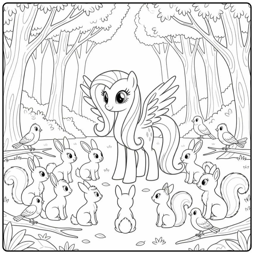 My Little Pony Fluttershy coloring page with animals in a forest