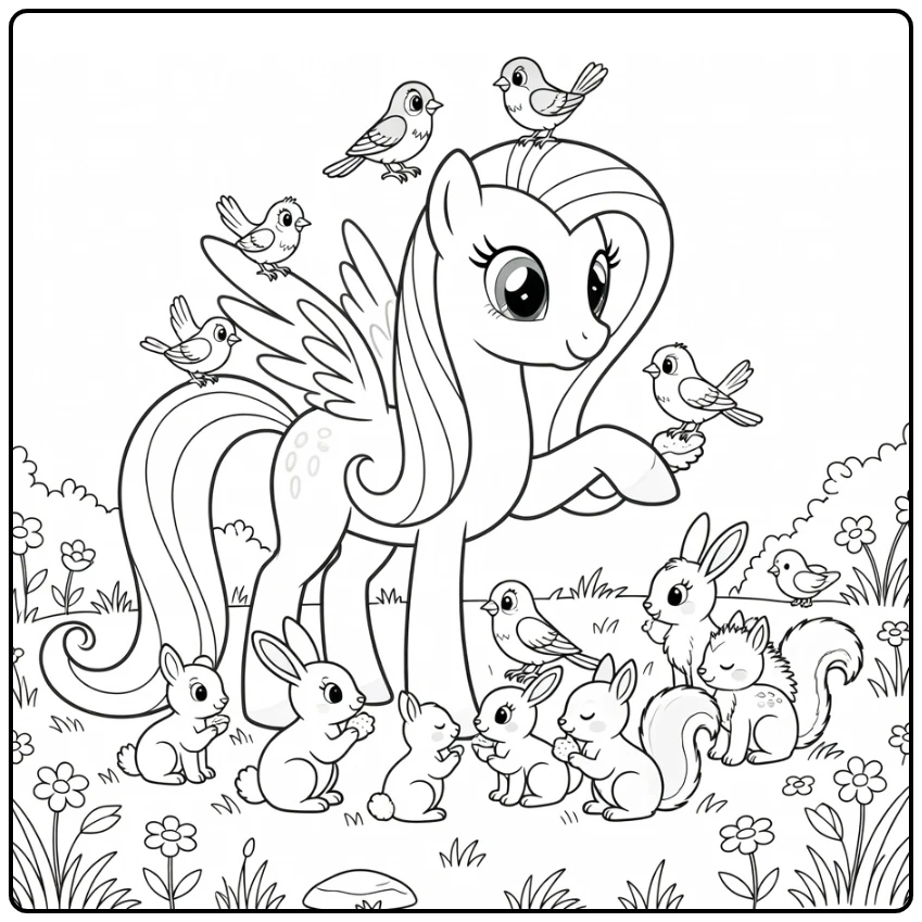 My Little Pony Princess Fluttershy with Forest Animals coloring page