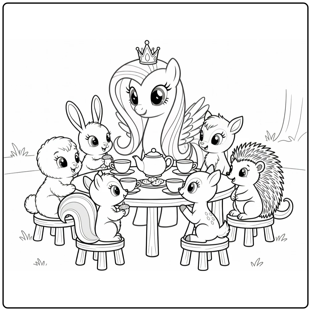 My Little Pony Princess Fluttershy with Crown and Animals coloring page