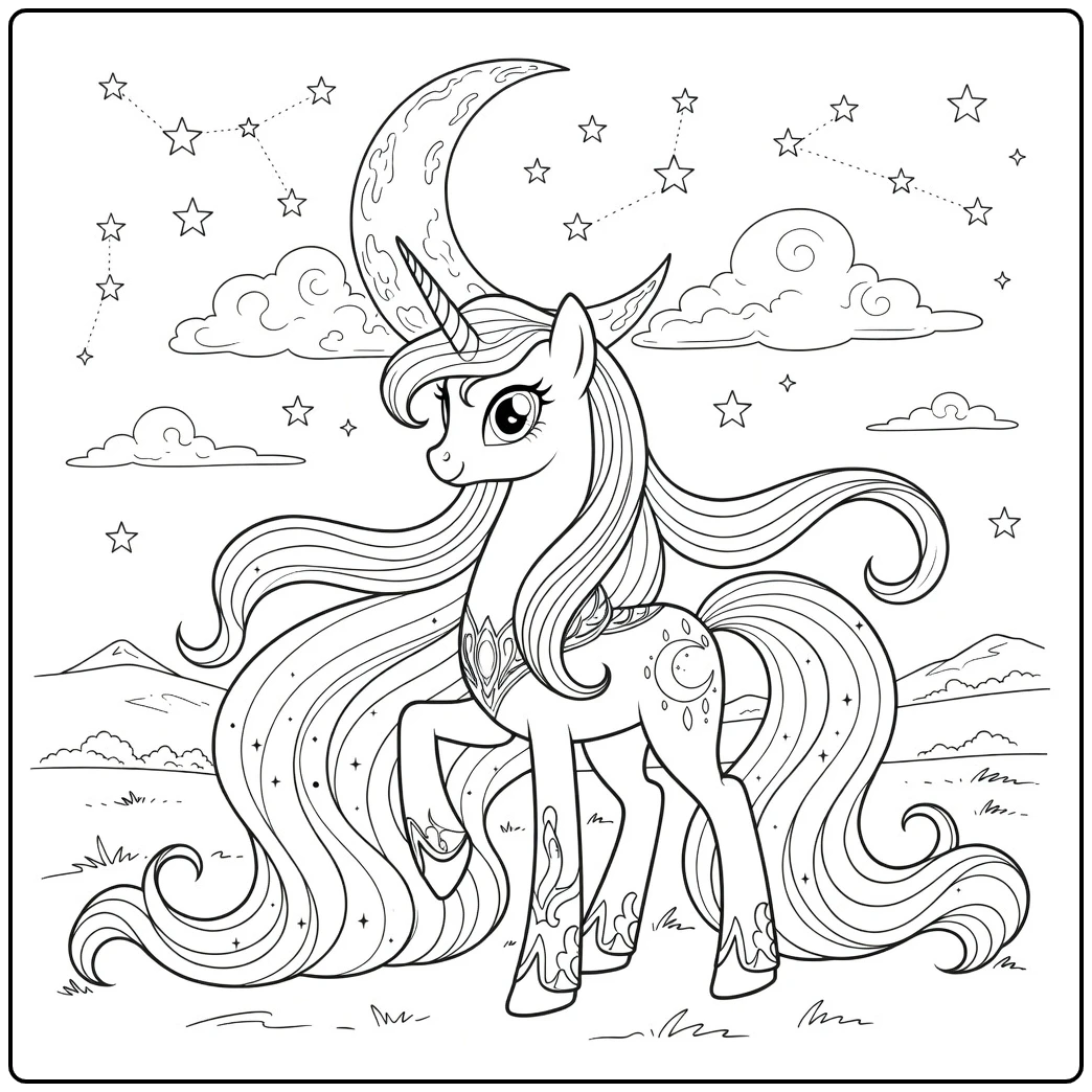My Little Pony Princess Luna coloring page beneath a starry sky