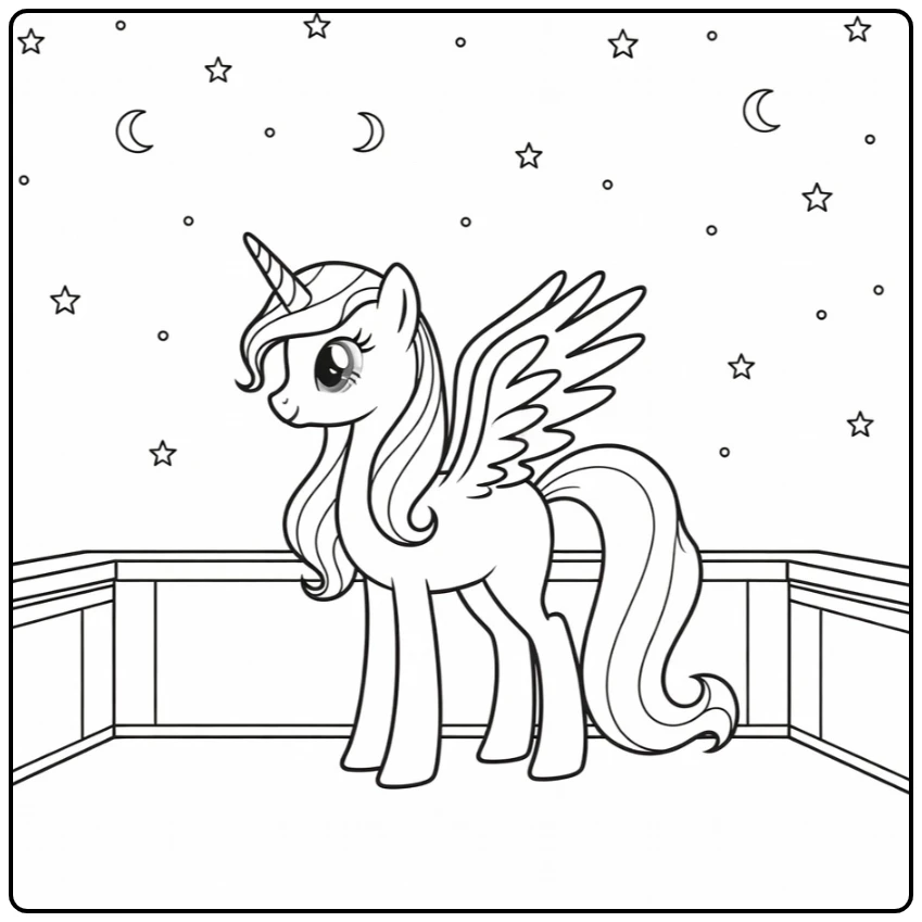 My Little Pony Princess Luna on Balcony Under Moon coloring page