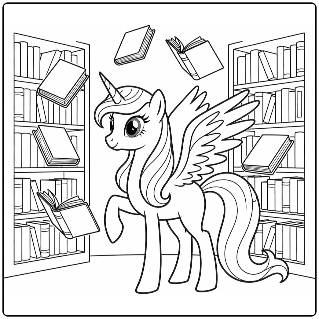 My Little Pony Princess Celestia coloring page in a library with floating books