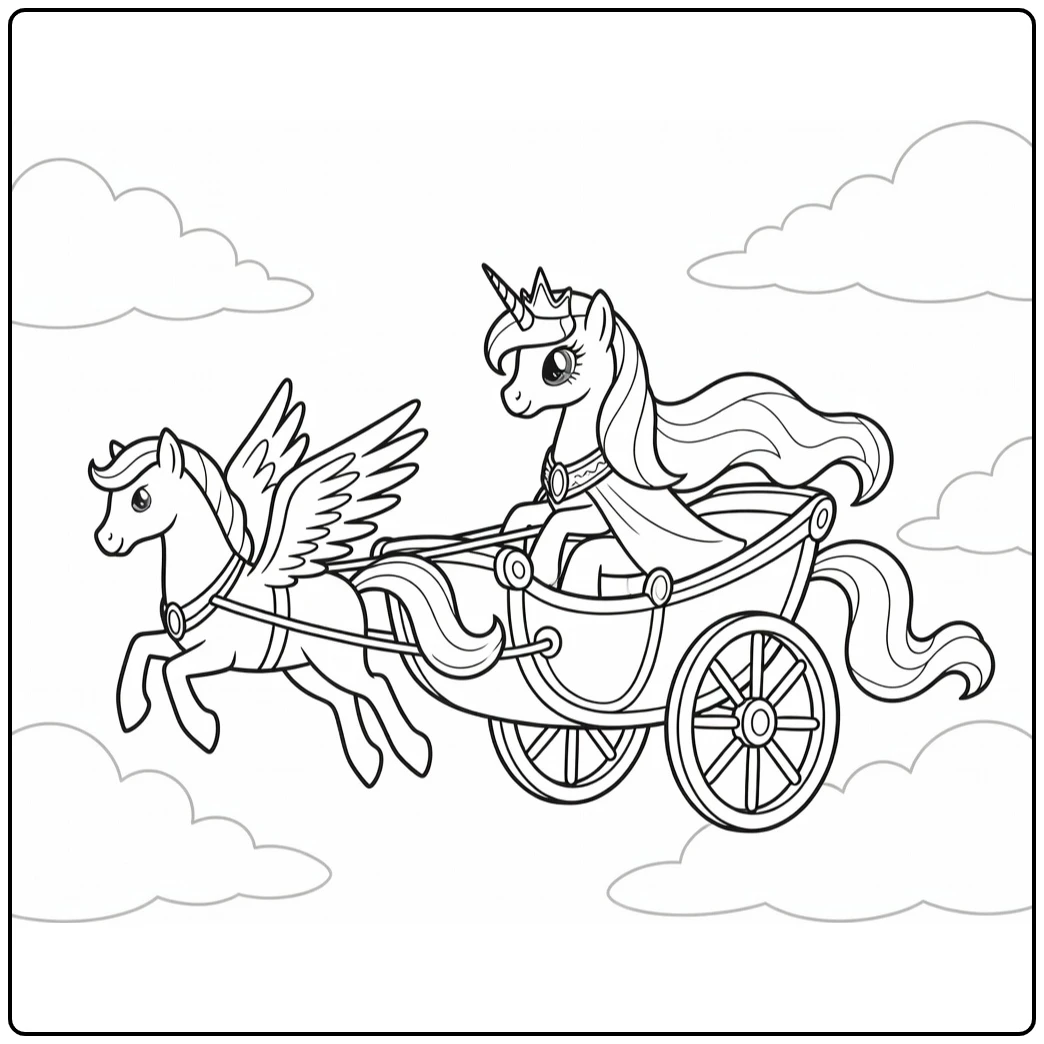 My Little Pony Princess Celestia on Elegant Flying Carriage Through Clouds coloring page