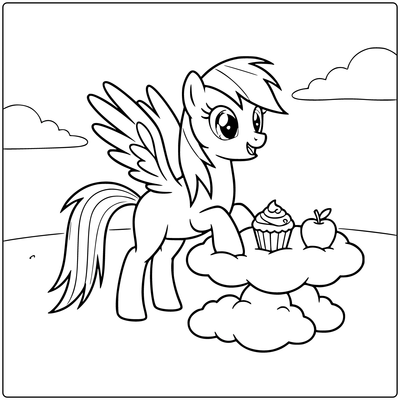 My Little Pony Rainbow Dash coloring page having a picnic on a cloud