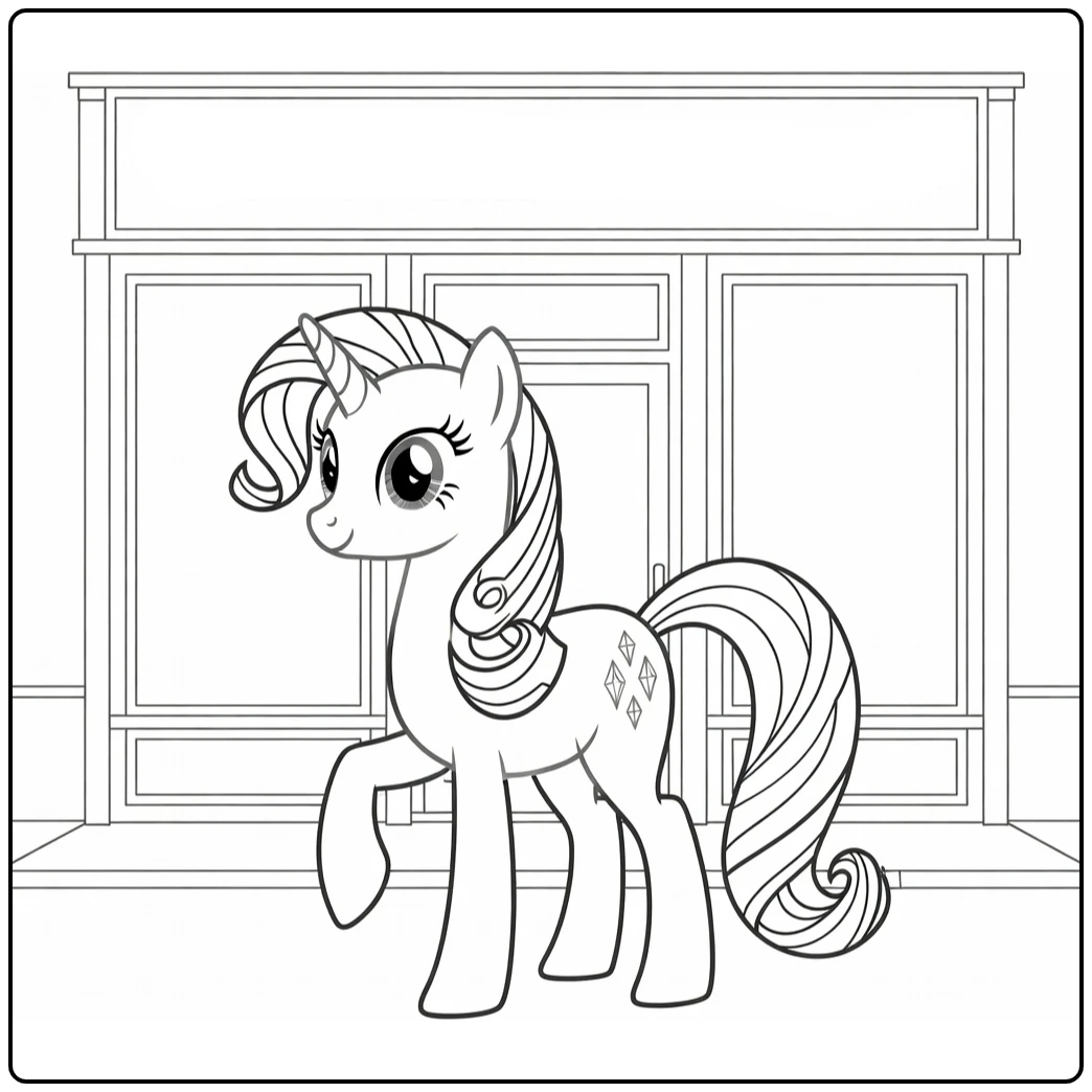 My Little Pony Rarity with Elegant Boutique Storefront coloring page