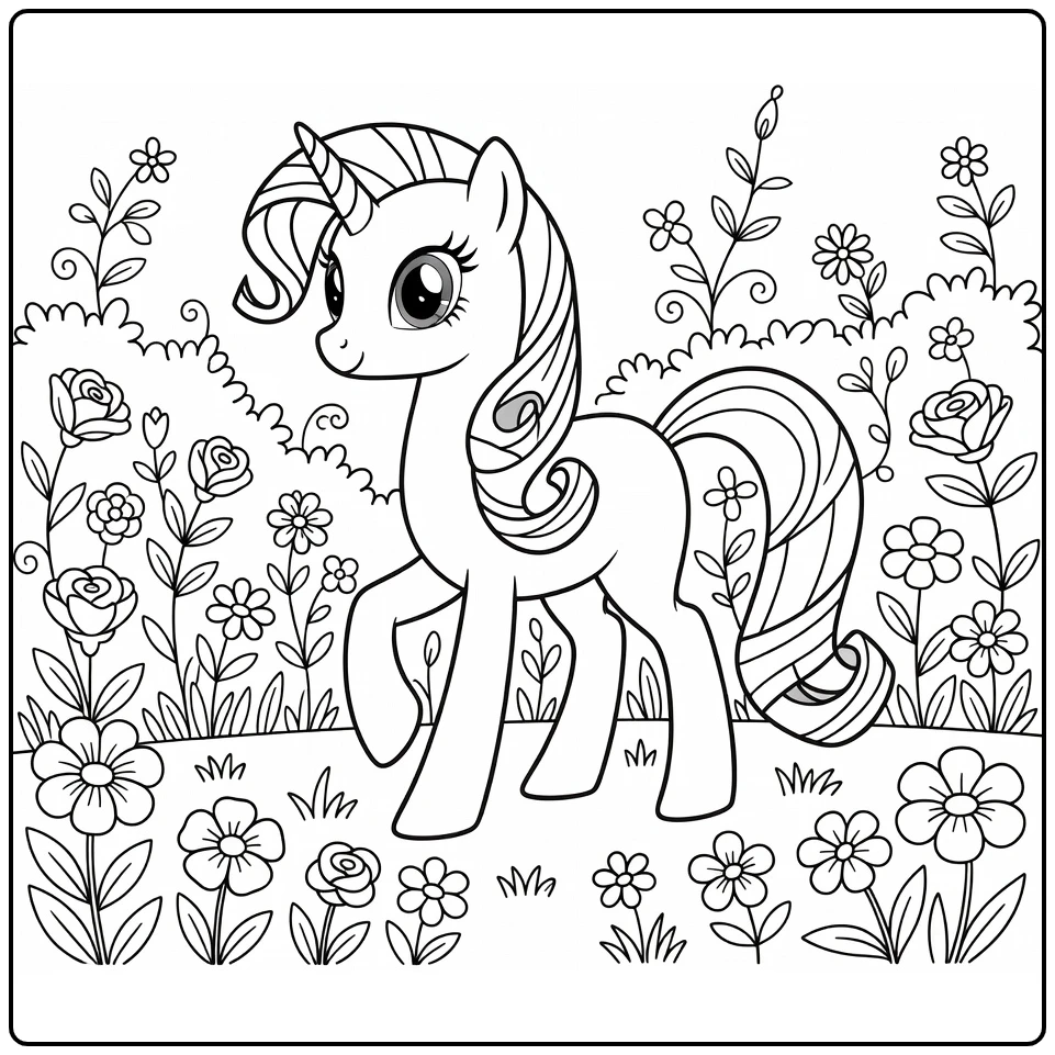 My Little Pony Rarity in Blooming Flower Garden coloring page