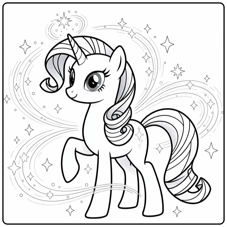 My Little Pony Rarity coloring page in a magical transformation pose